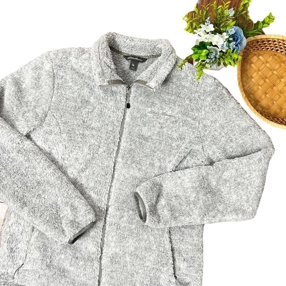 Eddie Bauer Gray Plush Soft Cozy Zip Up Jacket Size Large - Picture 1 of 16